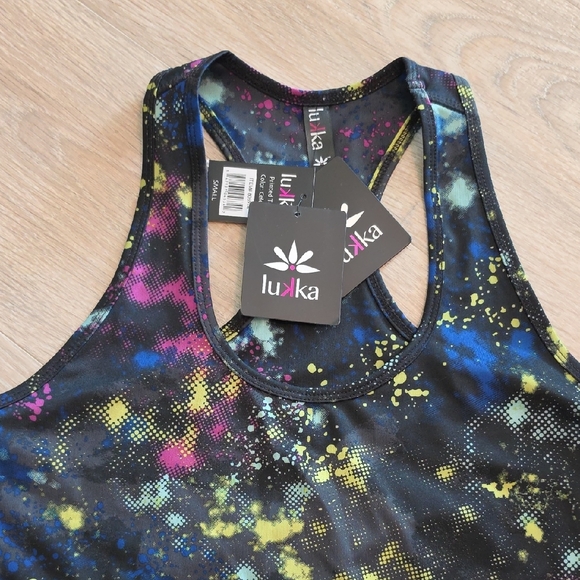 lukka Black Galaxy Print Racerback Tank with Yellow Blue Pink Splatter - Picture 3 of 8